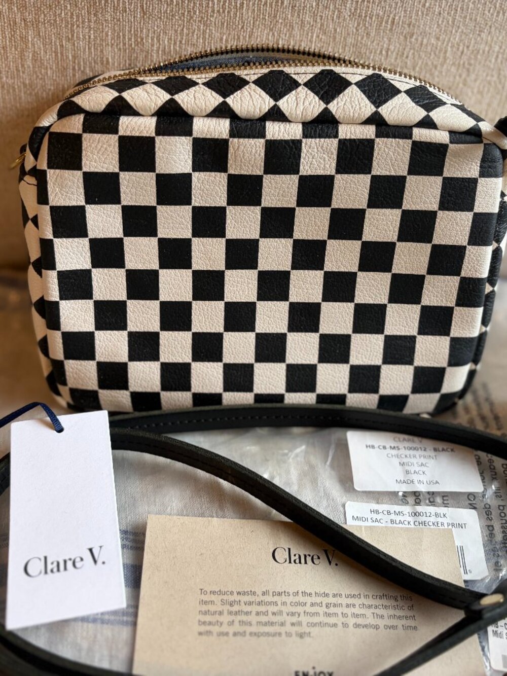 Clare V. Leather Black & Cream Checker Midi Sac NWT